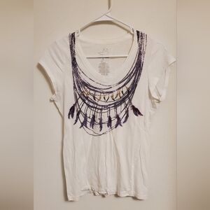 Miley Cyrus & Max Azria White Tee with Feather Print Extra Slim Juniors Size XL